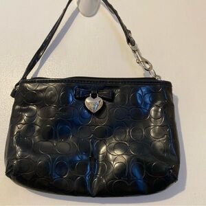 Coach Black Signature Embossed Leather Wristlet with Heart Charm